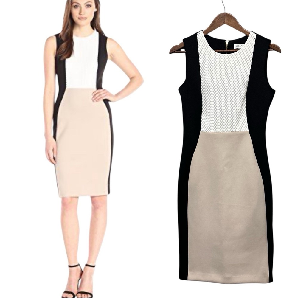 Calvin Klein Women's Size 6 Sleeveless Black & White Color-Block‎ Sheath Dress